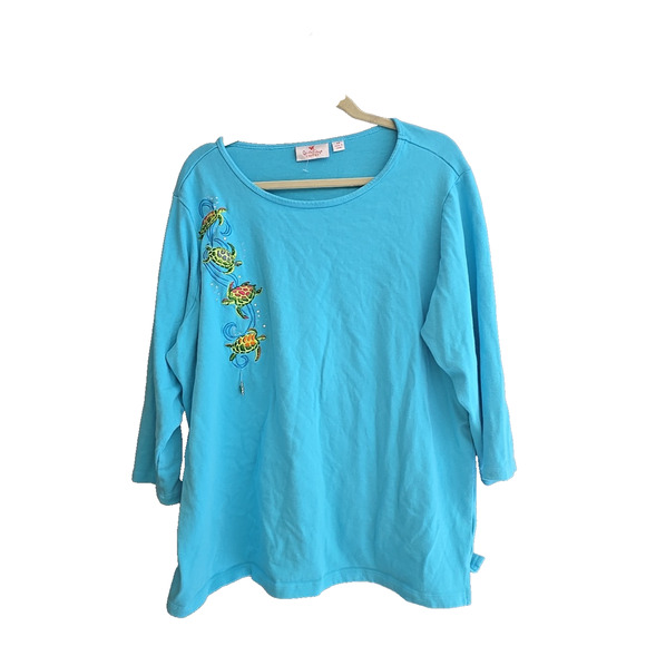 Quacker Factory Blue Embroidered Turtle Beaded 3/4 Sleeve Top Womans Size 2X - Picture 1 of 7